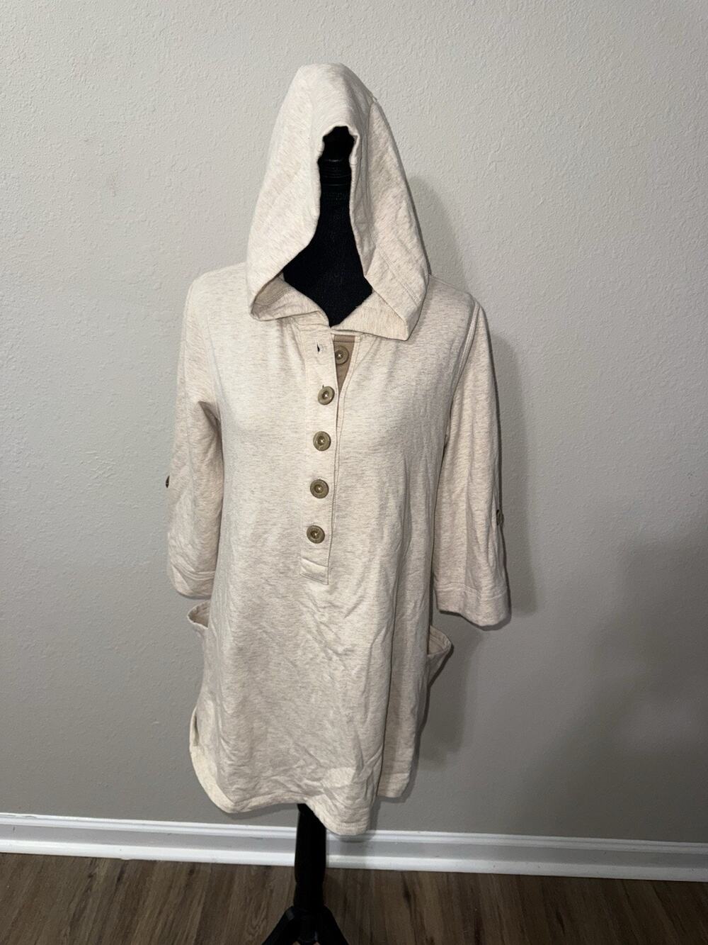 Susan Graver Weekend Tunic Hoodie Small Heathered Beige Henley Pockets Roll Tab